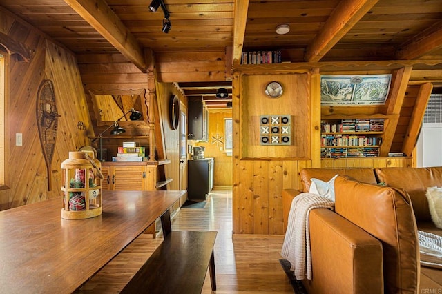 dining space featuring beam ceiling, wooden ceiling, and wood walls