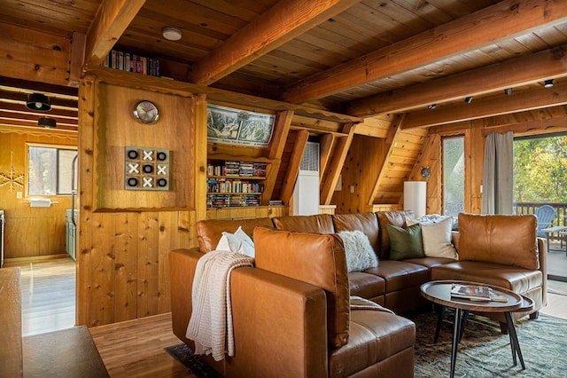 living room with wood ceiling, wood-type flooring, wooden walls, and beamed ceiling