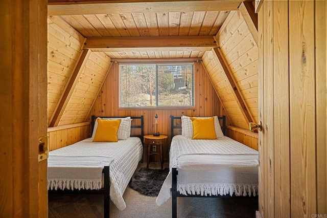 carpeted bedroom featuring vaulted ceiling with beams, wooden ceiling, and wood walls