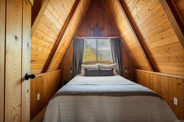 unfurnished bedroom with wooden walls, wooden ceiling, and lofted ceiling with beams