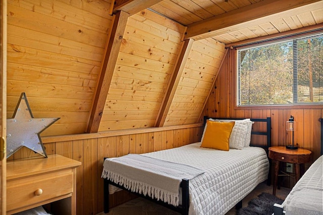 bedroom featuring wood ceiling, wooden walls, and lofted ceiling with beams