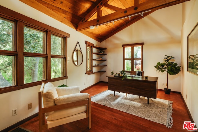 office area featuring vaulted ceiling with beams, wood ceiling, dark wood-type flooring, and rail lighting