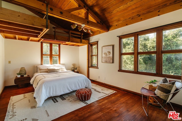 bedroom featuring vaulted ceiling with beams, dark wood-type flooring, and wood ceiling