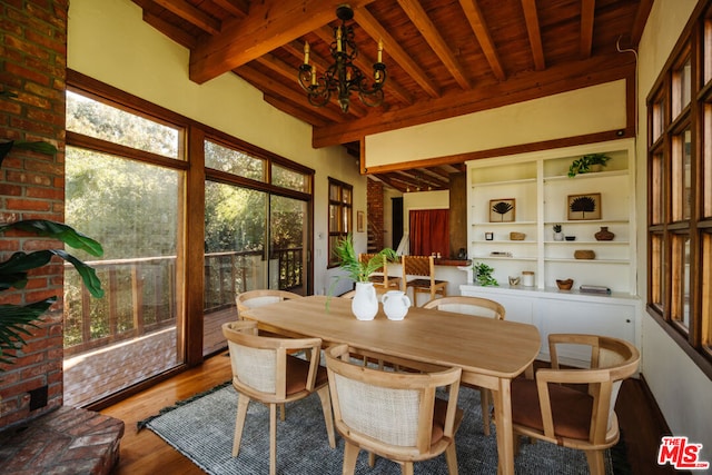 sunroom / solarium featuring an inviting chandelier, wooden ceiling, and beamed ceiling