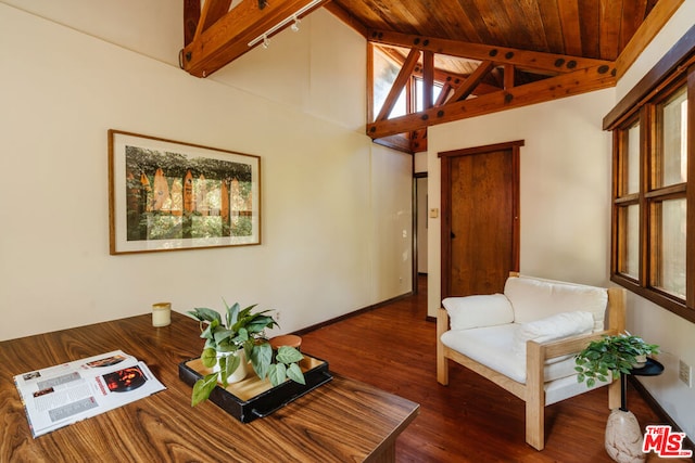 living room with wood ceiling, dark wood-type flooring, and lofted ceiling with beams