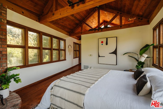 bedroom with multiple windows, dark wood-type flooring, wood ceiling, and lofted ceiling with beams