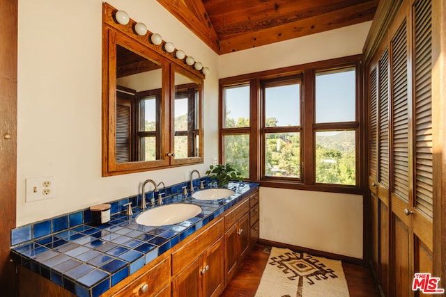 bathroom with lofted ceiling, hardwood / wood-style floors, and vanity