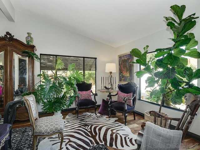 living area featuring vaulted ceiling