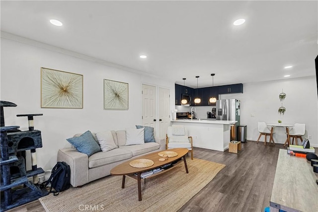 living room with ornamental molding, sink, and dark hardwood / wood-style flooring