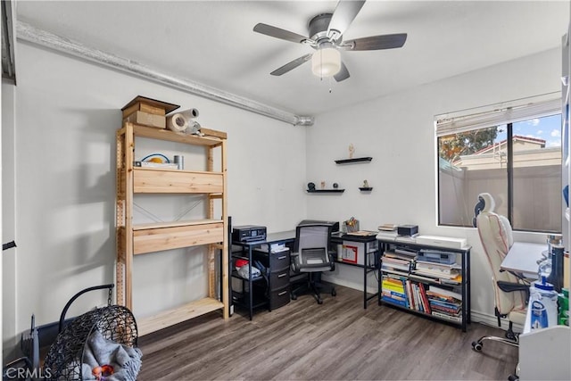 home office featuring ceiling fan and wood-type flooring