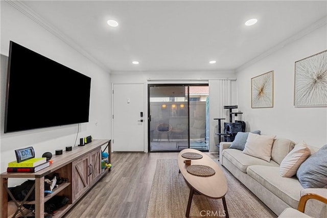 living room featuring hardwood / wood-style floors and crown molding