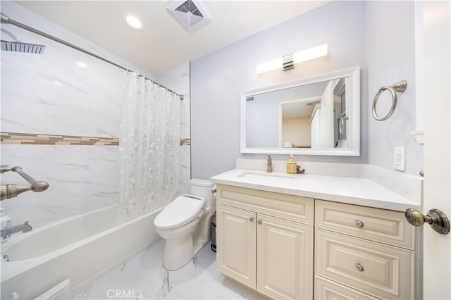 full bathroom featuring toilet, vanity, and shower / bathtub combination with curtain