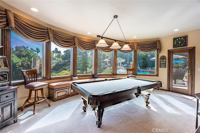 rec room featuring pool table and light colored carpet