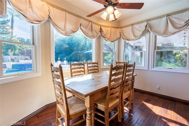 dining room with dark hardwood / wood-style floors and ceiling fan