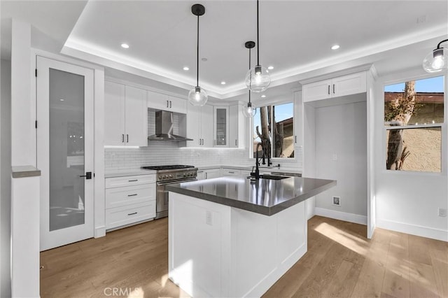 kitchen featuring white cabinets, a raised ceiling, stainless steel range, and wall chimney exhaust hood