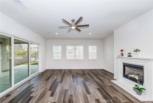 12430 Altura Dr, Rancho Cucamonga, CA 91739 - unfurnished living room with ceiling fan and dark hardwood / wood-style flooring