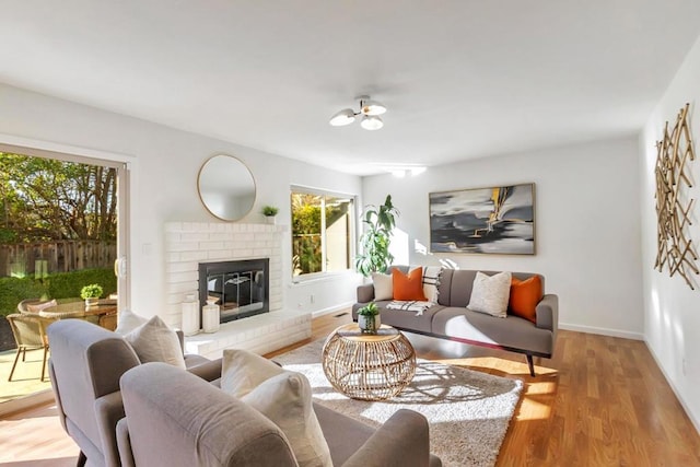 living room featuring a fireplace and light hardwood / wood-style floors