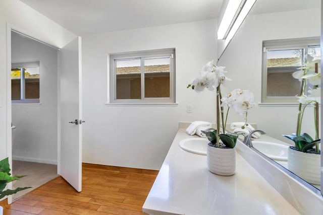 bathroom with vanity and hardwood / wood-style flooring