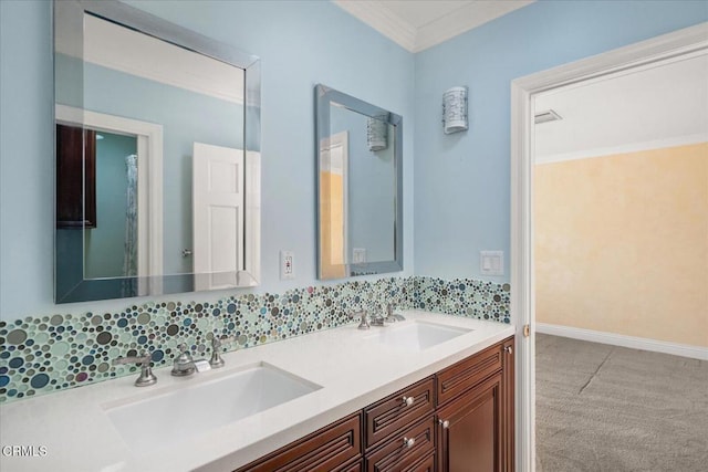 bathroom featuring ornamental molding, vanity, and backsplash