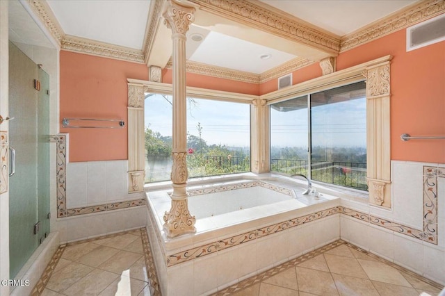 bathroom featuring crown molding, independent shower and bath, and tile patterned flooring