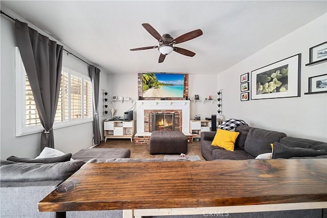 62 Pepper Tree Rd, Chula Vista, CA 91910 - living room featuring ceiling fan and a brick fireplace
