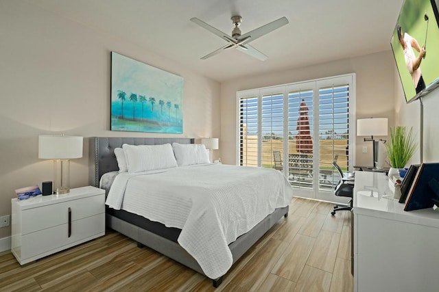 bedroom featuring ceiling fan, access to outside, and light hardwood / wood-style floors