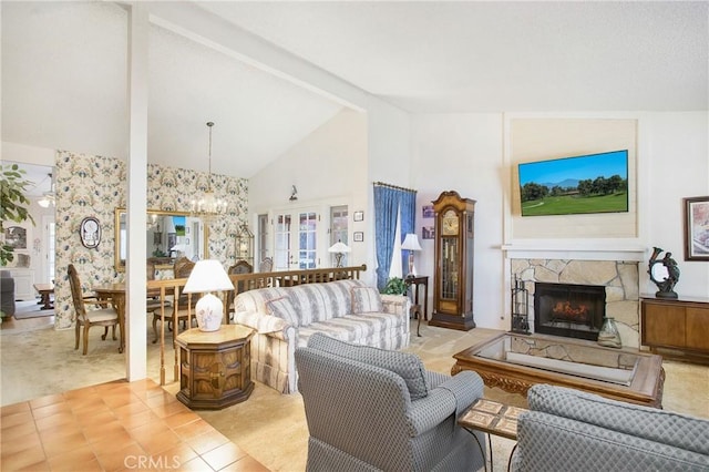 living room featuring an inviting chandelier, high vaulted ceiling, beamed ceiling, light colored carpet, and a fireplace