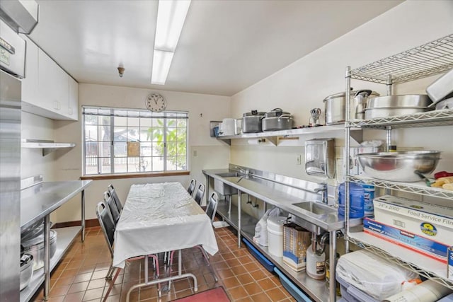 kitchen with white cabinetry, sink, and dark tile patterned floors