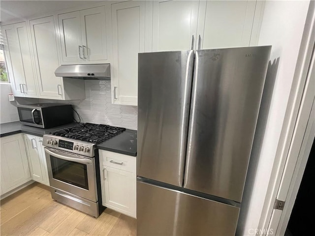 kitchen featuring light wood finished floors, dark countertops, stainless steel appliances, under cabinet range hood, and backsplash