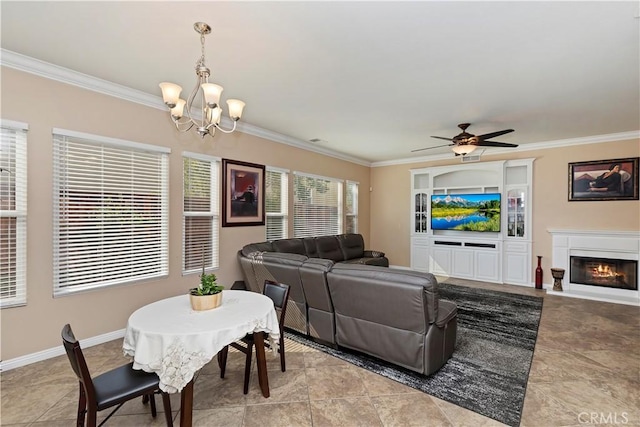 living room with ornamental molding and ceiling fan with notable chandelier