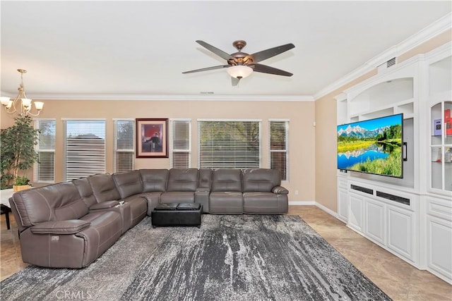 living room featuring crown molding and ceiling fan with notable chandelier