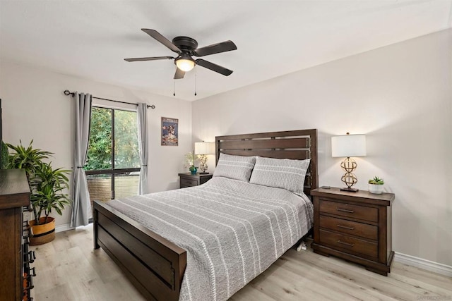 bedroom featuring ceiling fan and light wood-type flooring