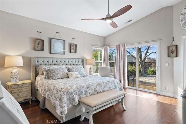 bedroom featuring ceiling fan, access to outside, dark hardwood / wood-style floors, and lofted ceiling