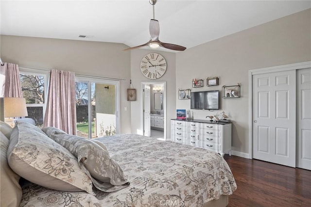 bedroom with ceiling fan, lofted ceiling, dark wood-type flooring, and access to exterior