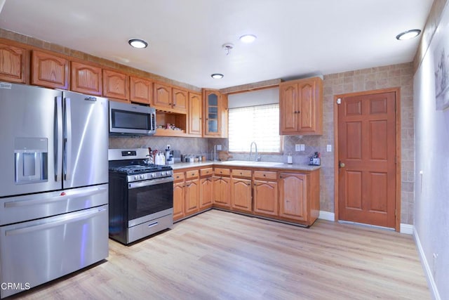 kitchen featuring tasteful backsplash, sink, light hardwood / wood-style floors, and appliances with stainless steel finishes