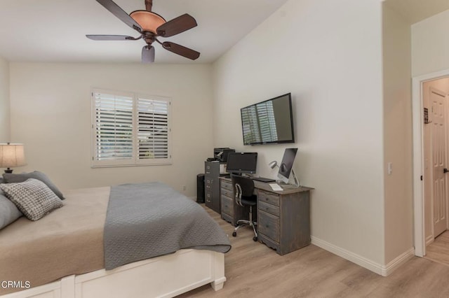 bedroom featuring light hardwood / wood-style flooring and ceiling fan