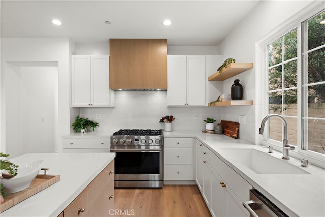 kitchen featuring appliances with stainless steel finishes, sink, white cabinets, and wall chimney exhaust hood