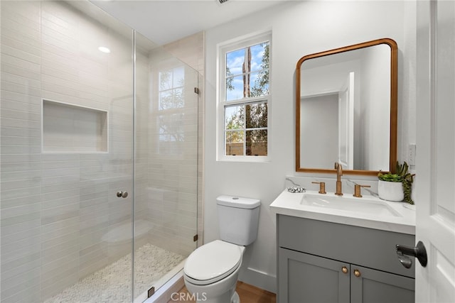 bathroom with vanity, toilet, and an enclosed shower