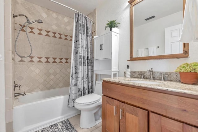 full bathroom featuring shower / bathtub combination with curtain, vanity, tile patterned floors, and toilet