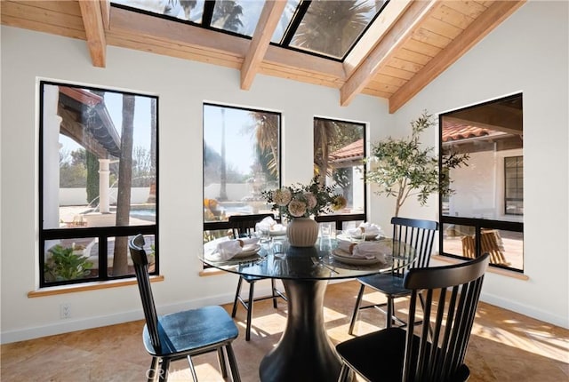 dining space with vaulted ceiling with skylight and wooden ceiling