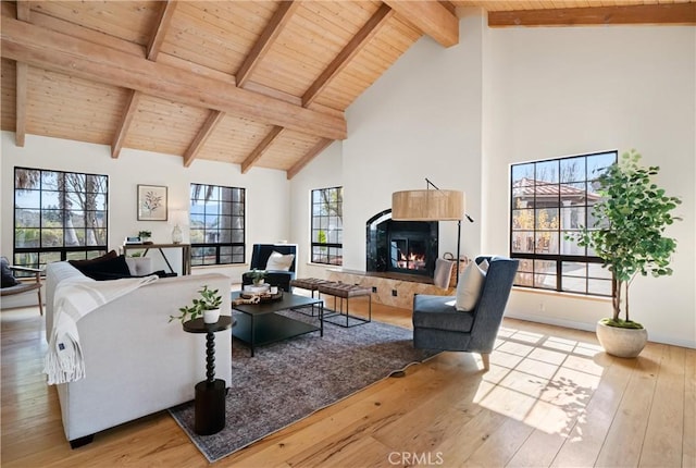 living room featuring wood ceiling, wood-type flooring, high vaulted ceiling, and beamed ceiling