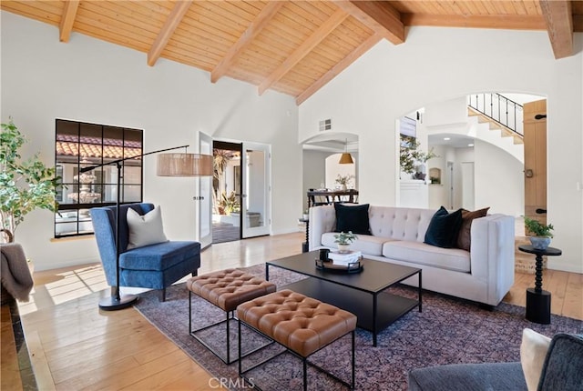 living room featuring hardwood / wood-style flooring, high vaulted ceiling, wood ceiling, and beamed ceiling