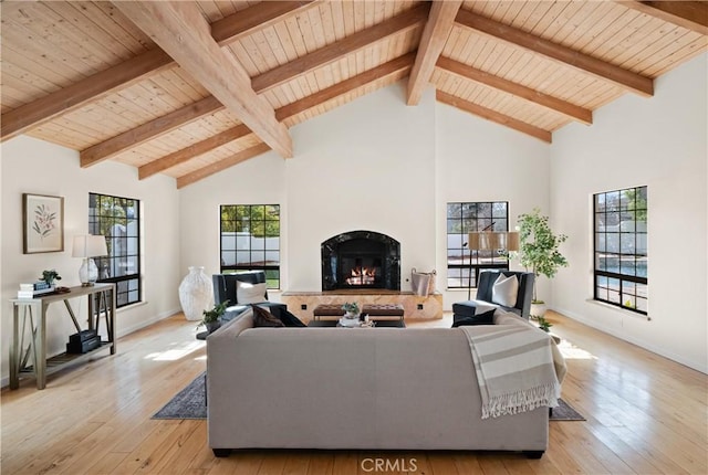 living room with wood ceiling, beam ceiling, light hardwood / wood-style floors, and high vaulted ceiling