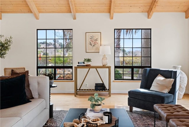 living room with hardwood / wood-style flooring, wooden ceiling, beam ceiling, and a wealth of natural light