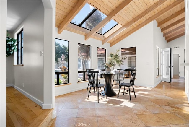 dining space with wood ceiling, beam ceiling, and a skylight