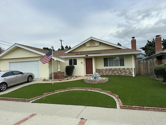 view of front of property with brick siding, concrete driveway, an attached garage, fence, and a front lawn