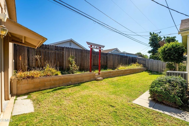 view of yard featuring central AC and a fenced backyard