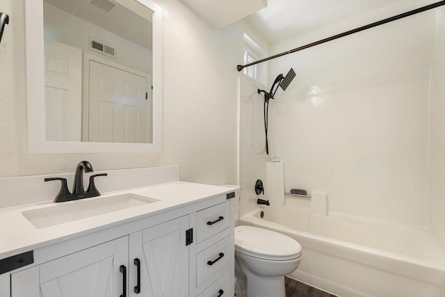 full bathroom with vanity, wood-type flooring, shower / washtub combination, and toilet