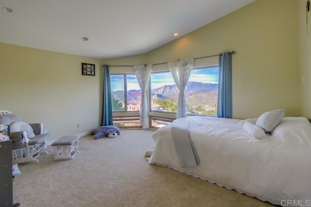 carpeted bedroom with lofted ceiling and access to exterior