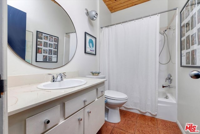 full bathroom featuring vanity, tile patterned flooring, toilet, and shower / bathtub combination with curtain